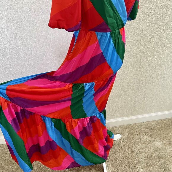 Skies are Blue Iliana Tiered Pink Colorful Maxi Dress Size Small Puffy Sleeve - Picture 10 of 16